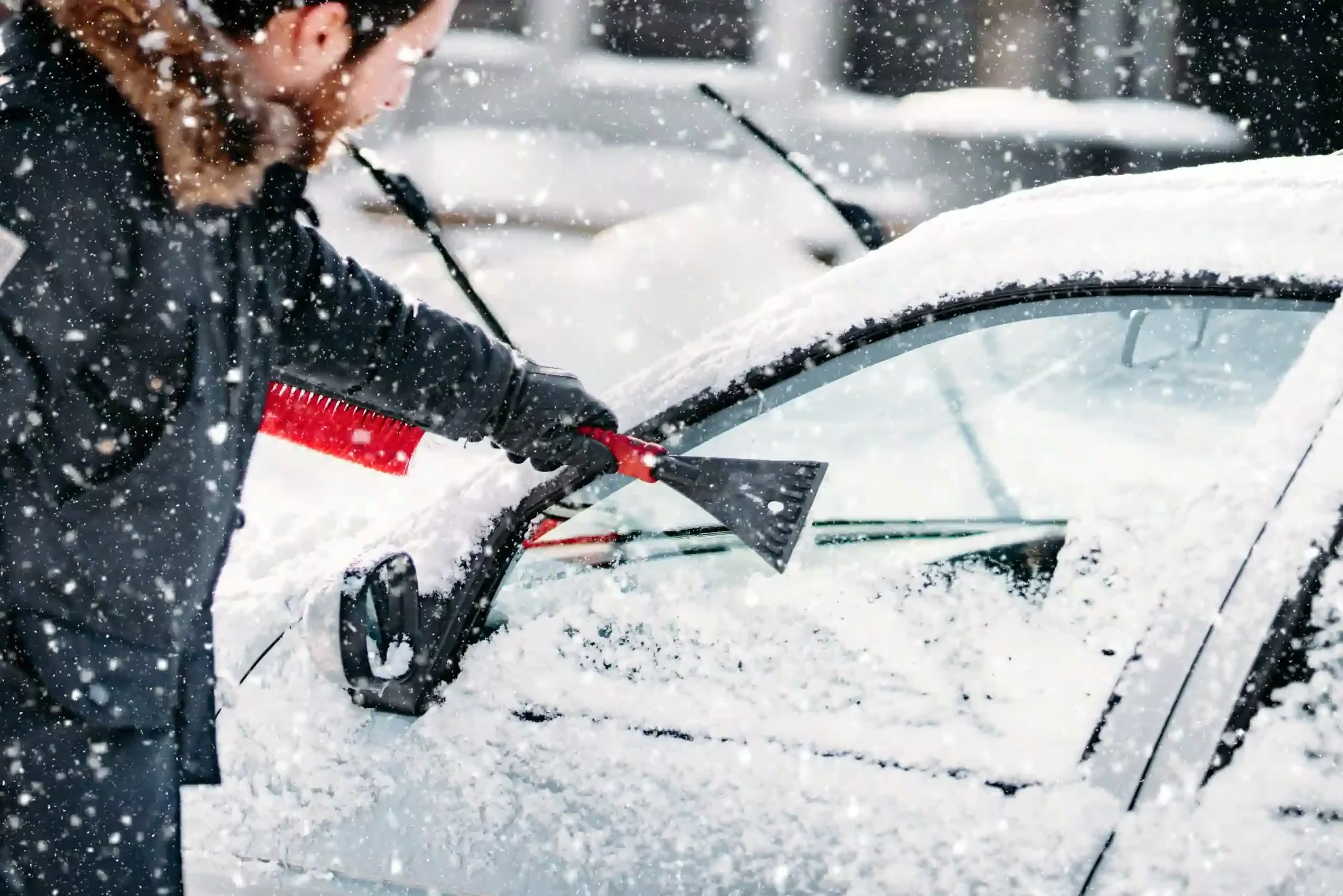 Man maakt autoruit sneeuw- en ijsvrij met krabber in sneeuw.