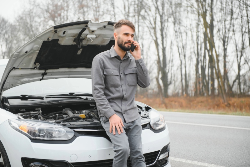 Man met autopech belt bij zijn auto met de motorkap open.